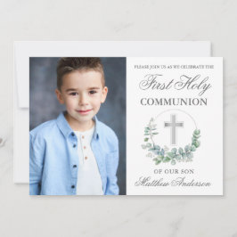 Convites Watercolor Eucalyptus First Communion Silver Photo