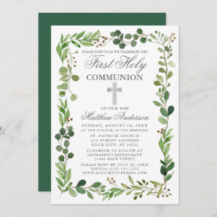 Convites Watercolor Eucalyptus Frame Silver First Commune