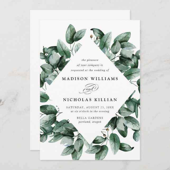 Convites Watercolor Eucalyptus | Frame Wedding (Frente/Verso)