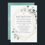 Convites Watercolor Eucalyptus Geométrico Bat Mitzvah<br><div class="desc">Trendy watercolor eucalipto,  convite de morcego de prata dourado mitzvah com quadro geométrico dourado.</div>