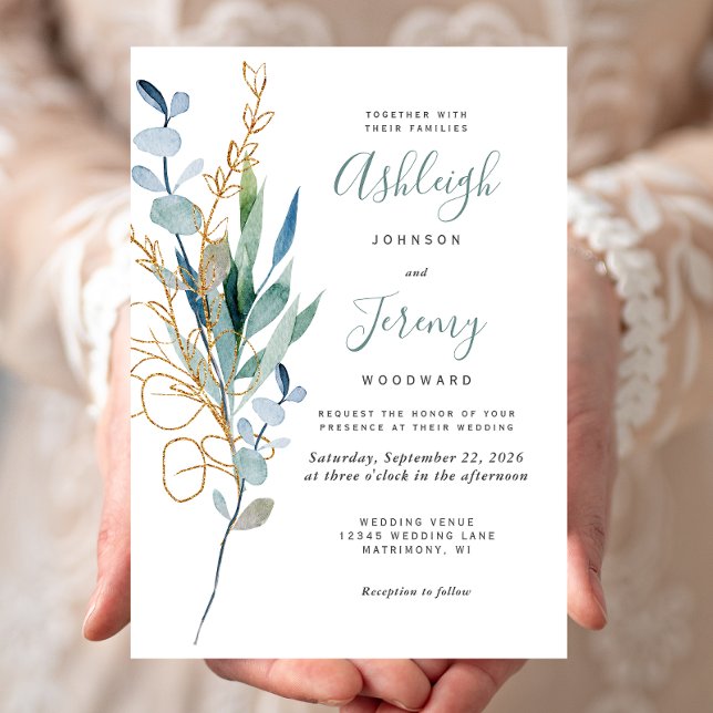 Convites Watercolor Eucalyptus Green Gold Wedding (Criador carregado)