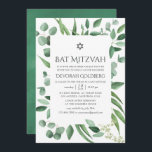 Convites Watercolor Eucalyptus Greenery Bat Mitzvah<br><div class="desc">Convite de morcego verde de prata verde folha mitzvah com quadro geométrico e tipografia de escrita manual,  projetado para ser rápida e facilmente personalizado de acordo com as especificidades de seu evento.</div>