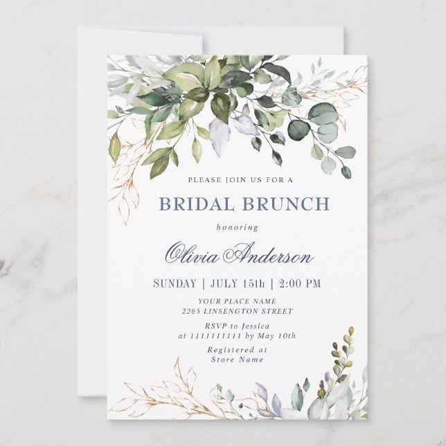Convites Watercolor Eucalyptus Greenery BRIDAL Brunch (Frente)