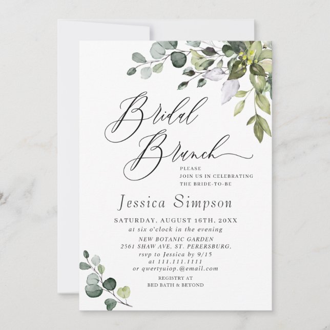 Convites Watercolor Eucalyptus Greenery Bridal Brunch (Frente)