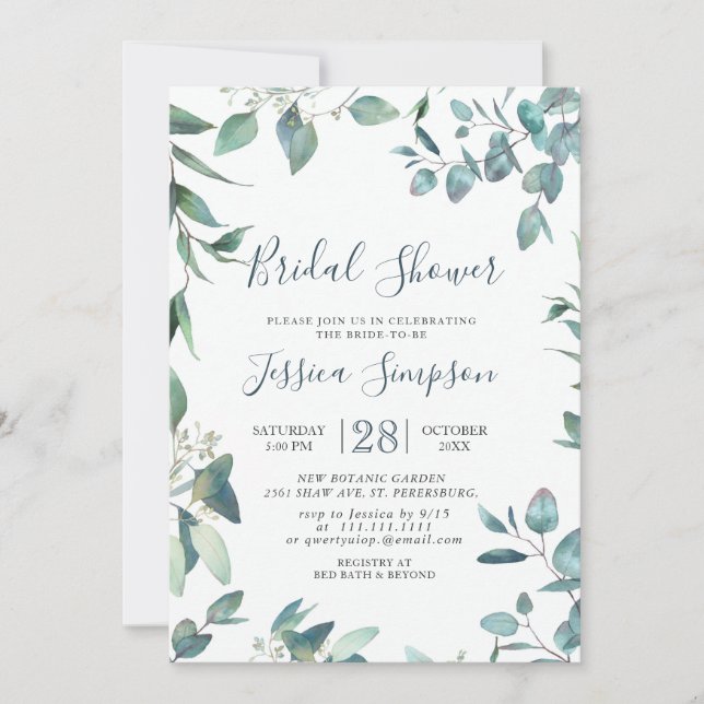 Convites Watercolor Eucalyptus Greenery Bridal Brunch (Frente)