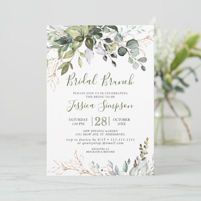 Convites Watercolor Eucalyptus Greenery Bridal Brunch (Em pé/Frente)