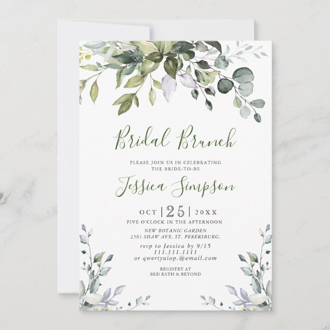 Convites Watercolor Eucalyptus Greenery Bridal Brunch (Frente)