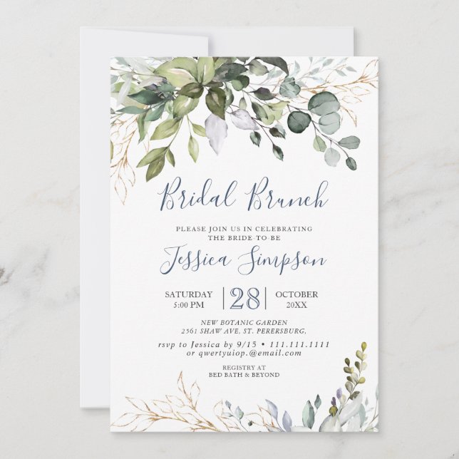 Convites Watercolor Eucalyptus Greenery Bridal Brunch (Frente)