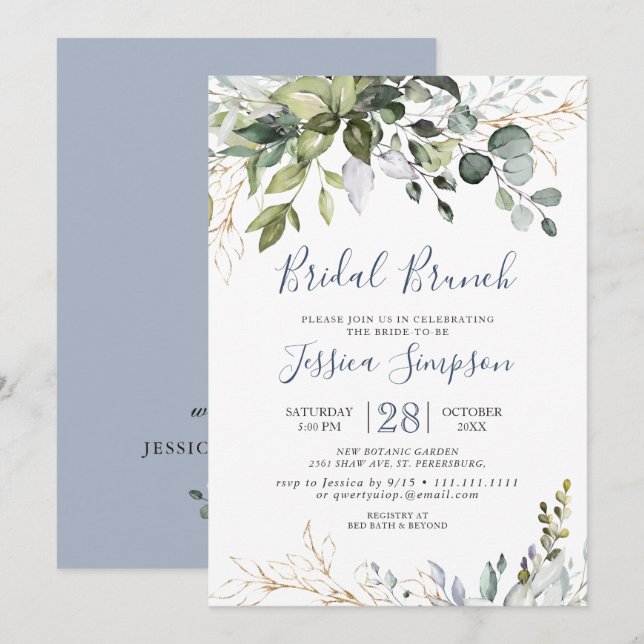 Convites Watercolor Eucalyptus Greenery Bridal Brunch (Frente/Verso)
