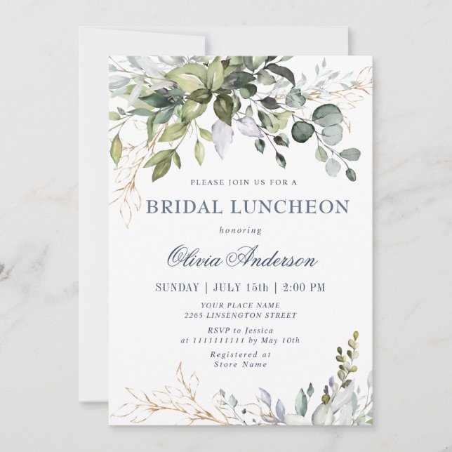 Convites Watercolor Eucalyptus Greenery BRIDAL LUNCHEON (Frente)