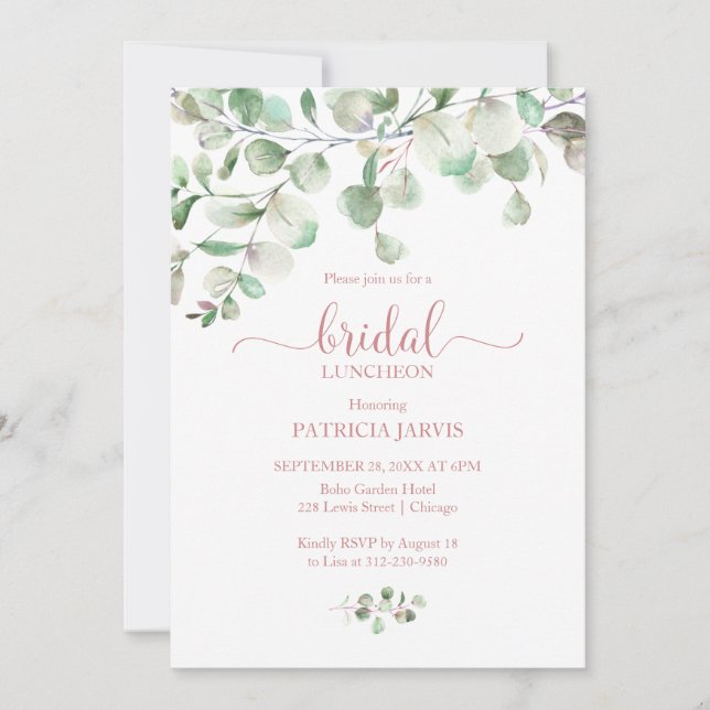 Convites Watercolor Eucalyptus Greenery Bridal Luncheon (Frente)