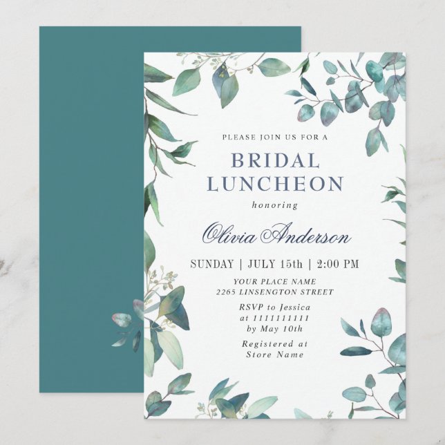 Convites Watercolor Eucalyptus Greenery Bridal Luncheon (Frente/Verso)