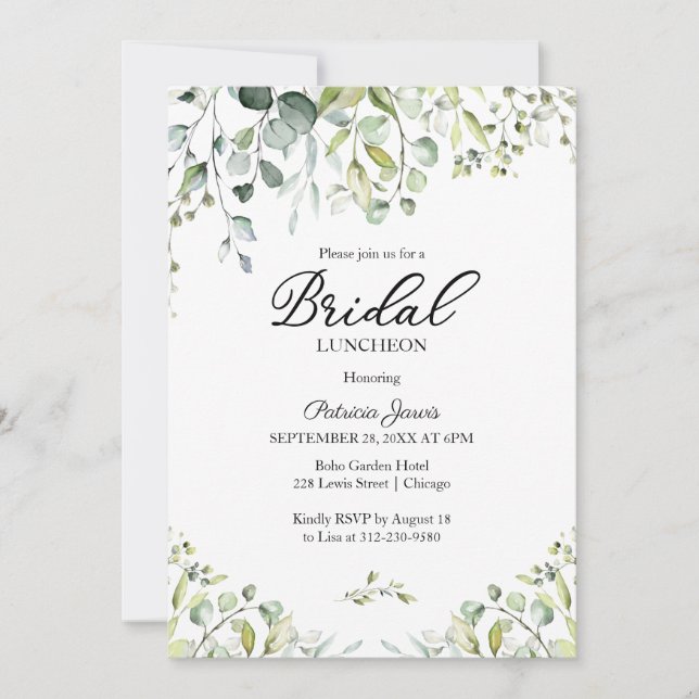 Convites Watercolor Eucalyptus Greenery Bridal Luncheon (Frente)