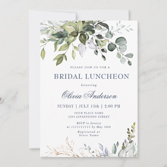 Convites Watercolor Eucalyptus Greenery BRIDAL LUNCHEON (Frente)
