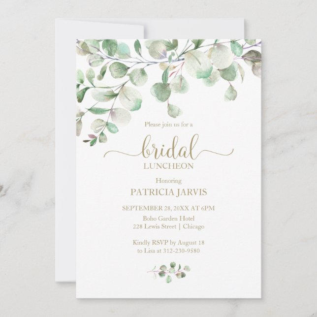 Convites Watercolor Eucalyptus Greenery Bridal Luncheon (Frente)