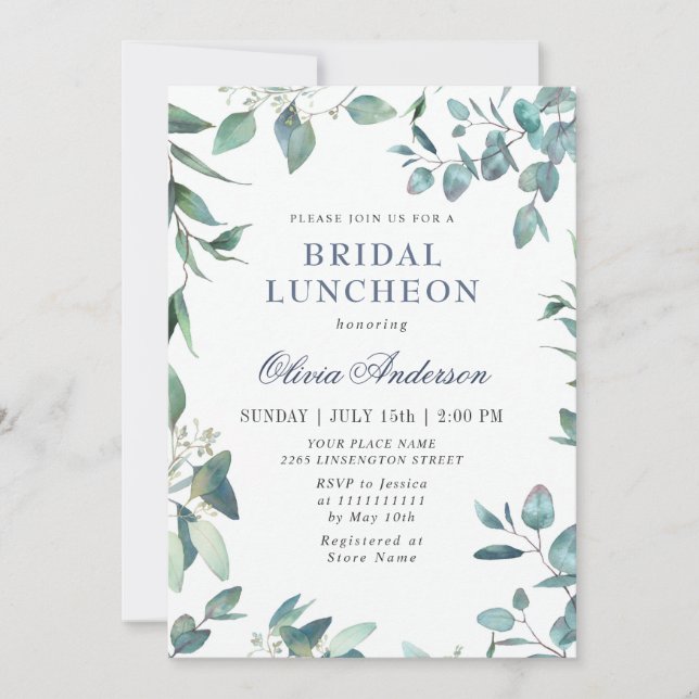 Convites Watercolor Eucalyptus Greenery Bridal Luncheon (Frente)