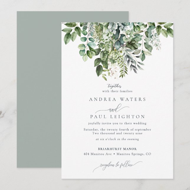 Convites Watercolor Eucalyptus Greenery | Casamento Botânic (Frente/Verso)
