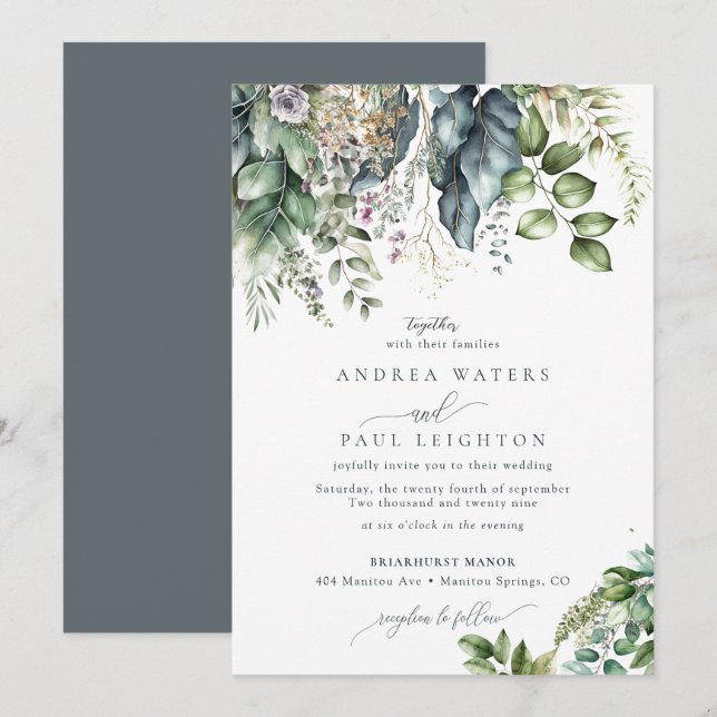 Convites Watercolor Eucalyptus Greenery | Casamento Botânic (Frente/Verso)