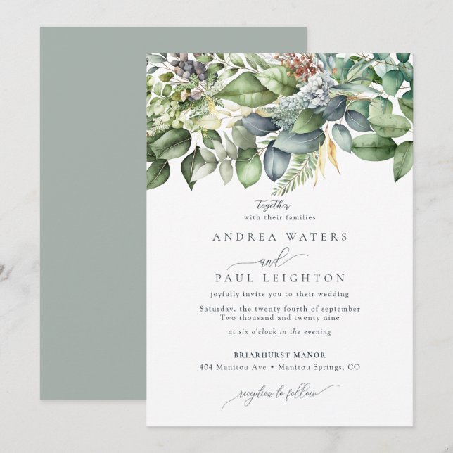Convites Watercolor Eucalyptus Greenery | Casamento Botânic (Frente/Verso)