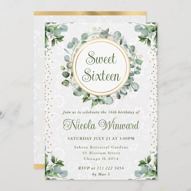 Convites Watercolor Eucalyptus Greenery Sweet Sessenta (Frente/Verso)