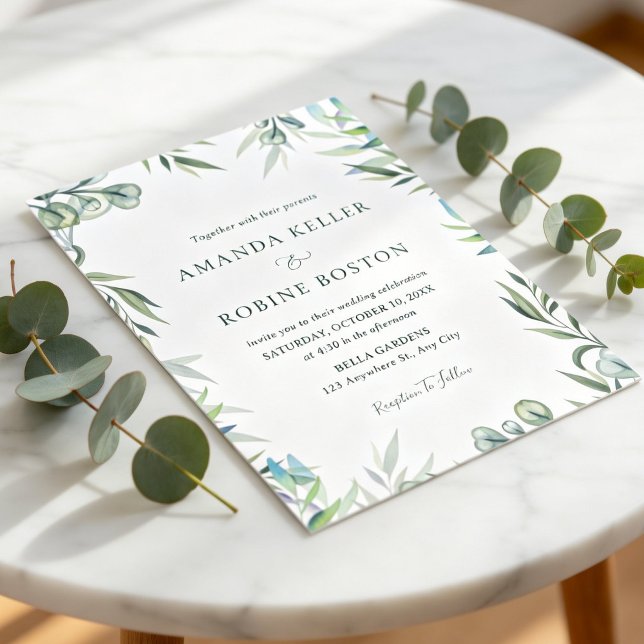 Convites Watercolor Eucalyptus Greenery Wedding Invitation (Criador carregado)