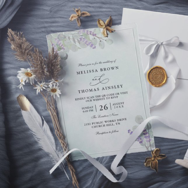 Convites Watercolor Eucalyptus Lavender QR Code Wedding (Criador carregado)