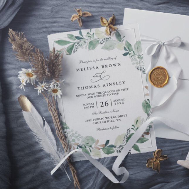Convites Watercolor Eucalyptus Leaves Chic QR Code Wedding (Criador carregado)