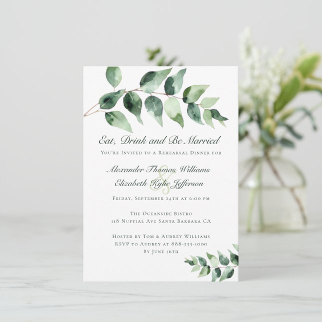 Convites Watercolor Eucalyptus Rehearsal Dinner | White (Em pé/Frente)