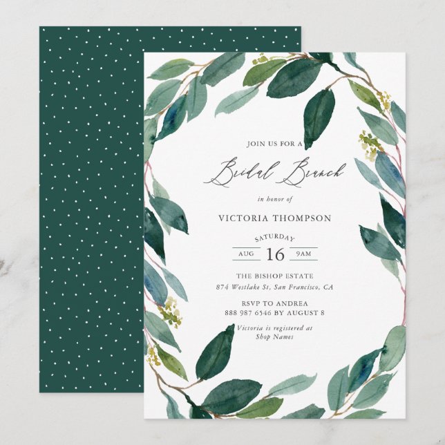 Convites Watercolor Eucalyptus Wreath Bridal Brunch (Frente/Verso)
