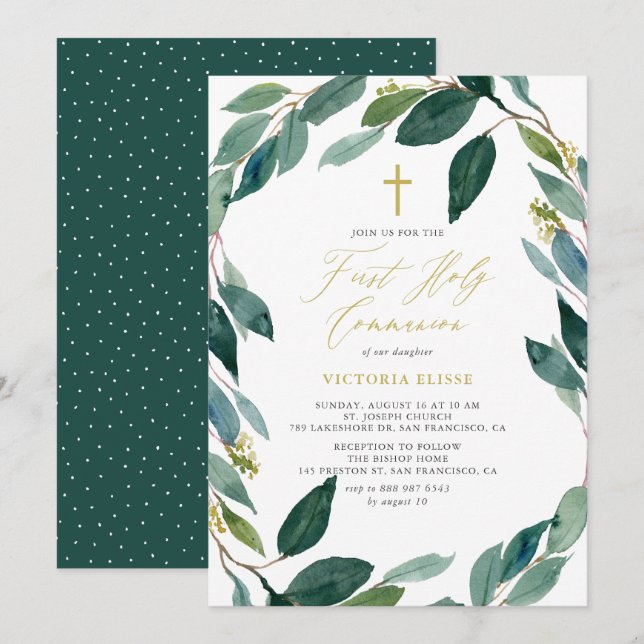 Convites Watercolor Eucalyptus Wreath First Santa Comunhão (Frente/Verso)