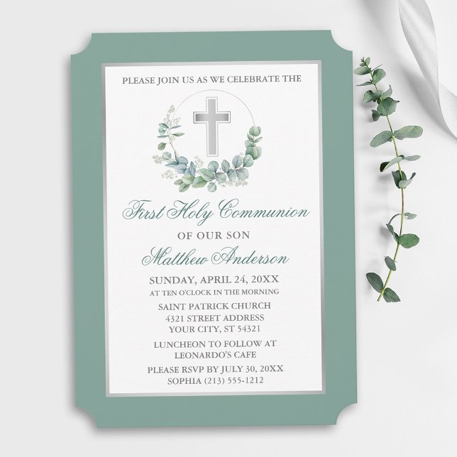 Convites Watercolor Eucalyptus Wreath Silver Communion (Customize to change text color, text style or color of back of card.)