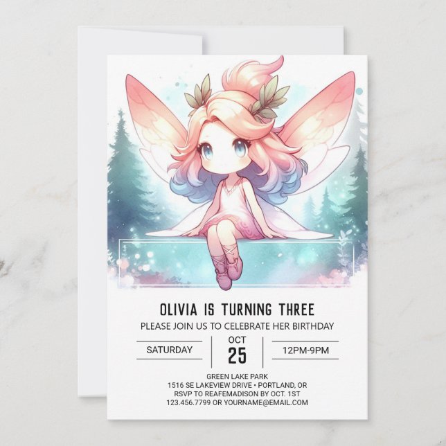 Convites Watercolor Fairy Fairy Birthday (Frente)