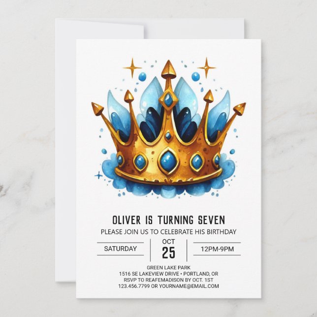 Convites Watercolor Fairytale Prince Crown Aniversário (Frente)