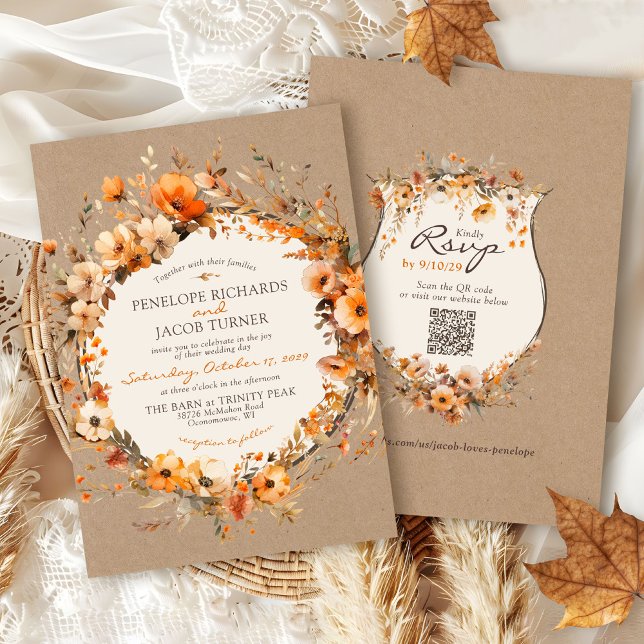 Convites Watercolor Fall Floral Rustic Kraft Autumn Wedding (Elegant Fall floral rustic kraft modern watercolor flowers boho chic Autumn ivory wedding invitation)
