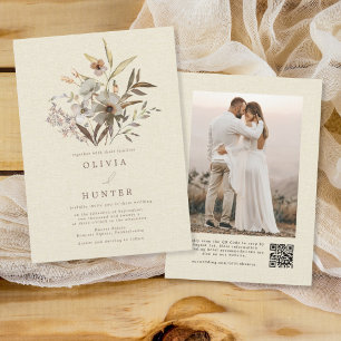 Convites Watercolor Fall Wildflower Faux Linen Weding