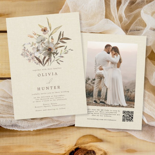 Convites Watercolor Fall Wildflower Faux Linen Weding (Criador carregado)