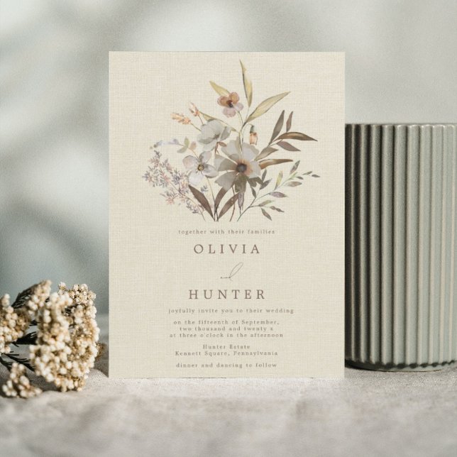 Convites Watercolor Fall Wildflower Faux Linen Weding (Criador carregado)
