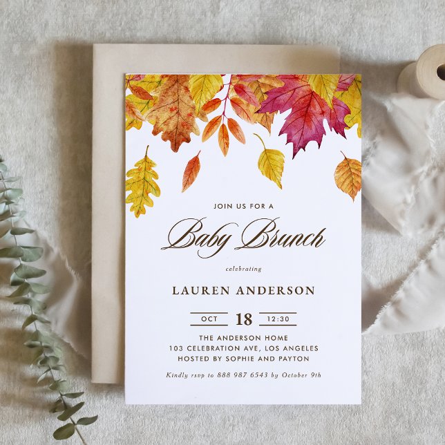 Convites Watercolor Falling Deixa Autumn Baby Brunch (Criador carregado)