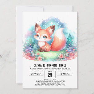 Convites Watercolor Fantasy Fox Birthday digital
