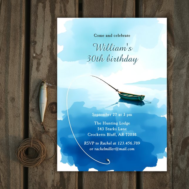 Convites Watercolor Fishing Boat 30th Birthday Party (Fishing Boat Birthday Invitation for Men – Watercolor 30th Birthday Party Invite)