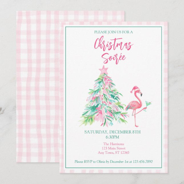 Convites Watercolor Flamingo Christmas Soirée Invitation (Frente/Verso)