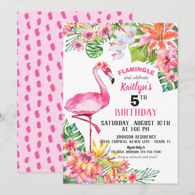 Convites Watercolor Flamingo e Tropical de Aniversário (Frente/Verso)