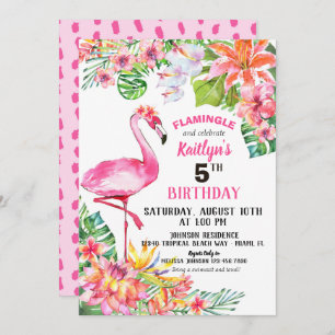 Convites Watercolor Flamingo e Tropical de Aniversário