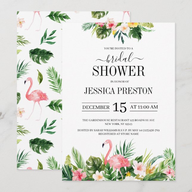 Convites Watercolor Flamingo Tropical Chá de panela (Frente/Verso)