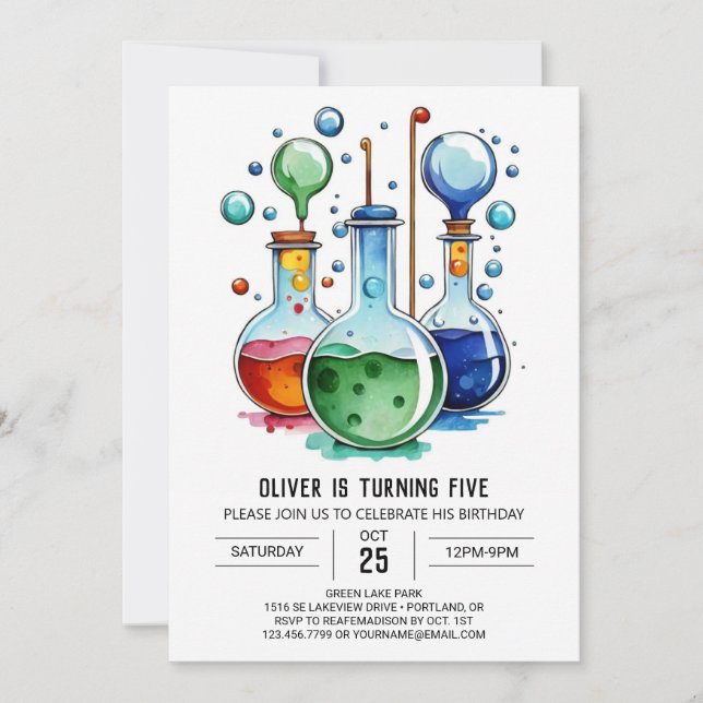 Convites Watercolor Flask Discovery Scientist Aniversário (Frente)