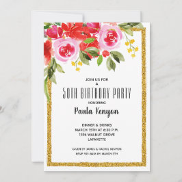 Convites Watercolor Floral 50th Birthday Glitter Party