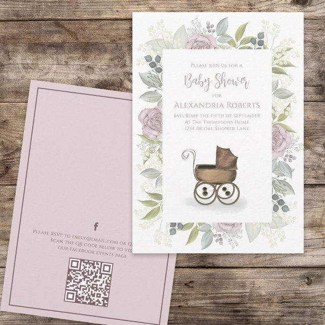 Convites Watercolor Floral Baby Pink QR Code (Criador carregado)