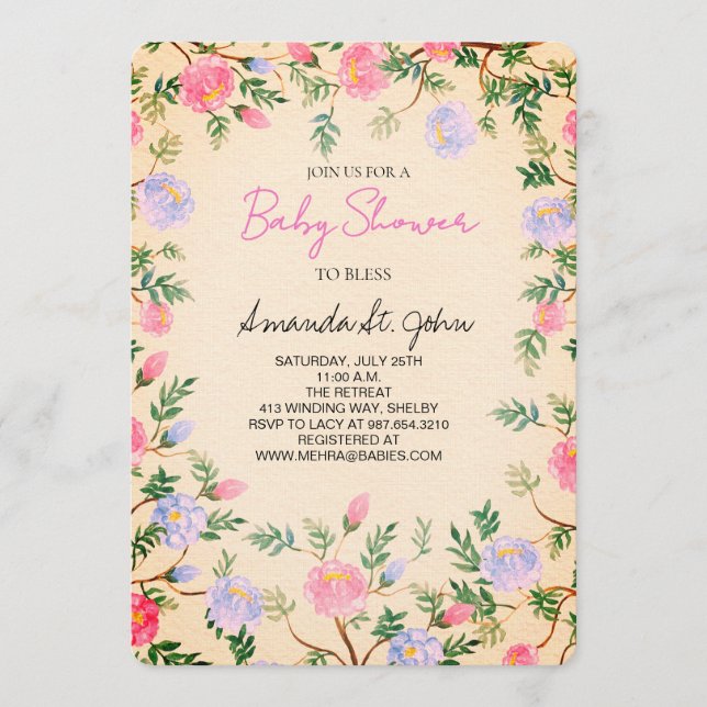 Convites Watercolor Floral Baby Shower Invitation (Frente)