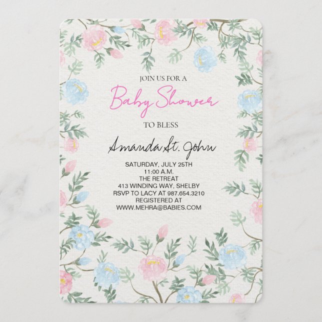Convites Watercolor Floral Baby Shower Invitation (Frente)