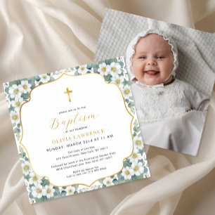 Convites Watercolor Floral Baptism Dourado Cross